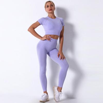 Women Seamless Knitted Fitness Sports O Neck Short Sleeve Solid Color Pants Yoga Suit Set