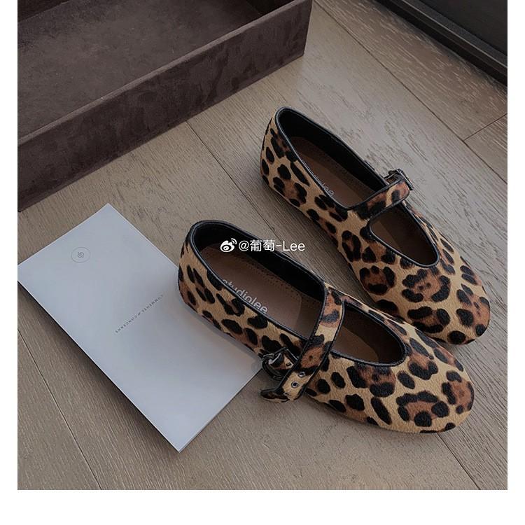 Sheepskin Version of Grape Mother, the Same Age-reducing Round Head with Flat Mary Jane Shoes, Women's Leopard Print Horse Hair Shallow