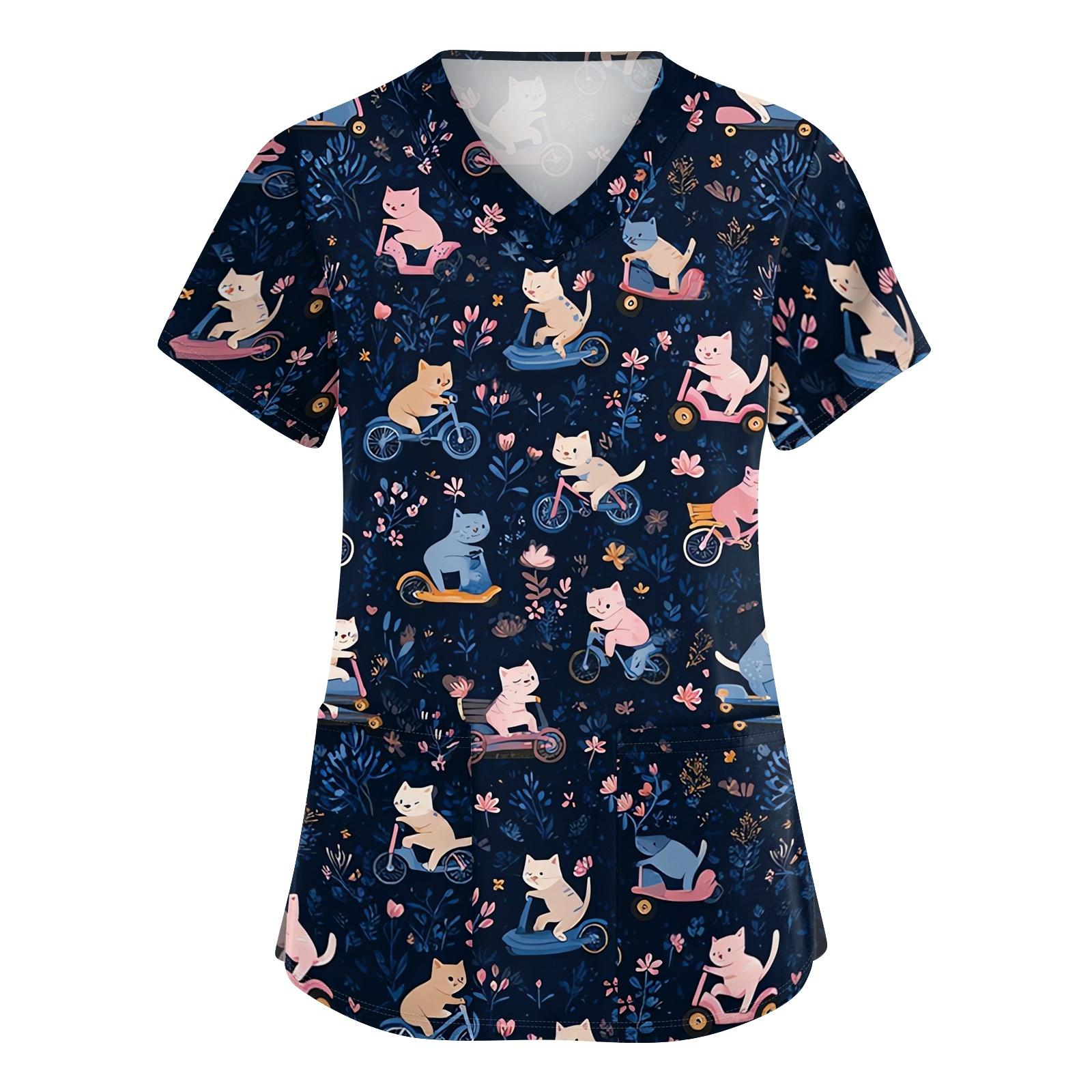 

Women V Neck Short Sleeve Work Top with Side Slits and Pockets Animal Print Medical Scrub Shirt for Healthcare Professionals XL Темно-синій