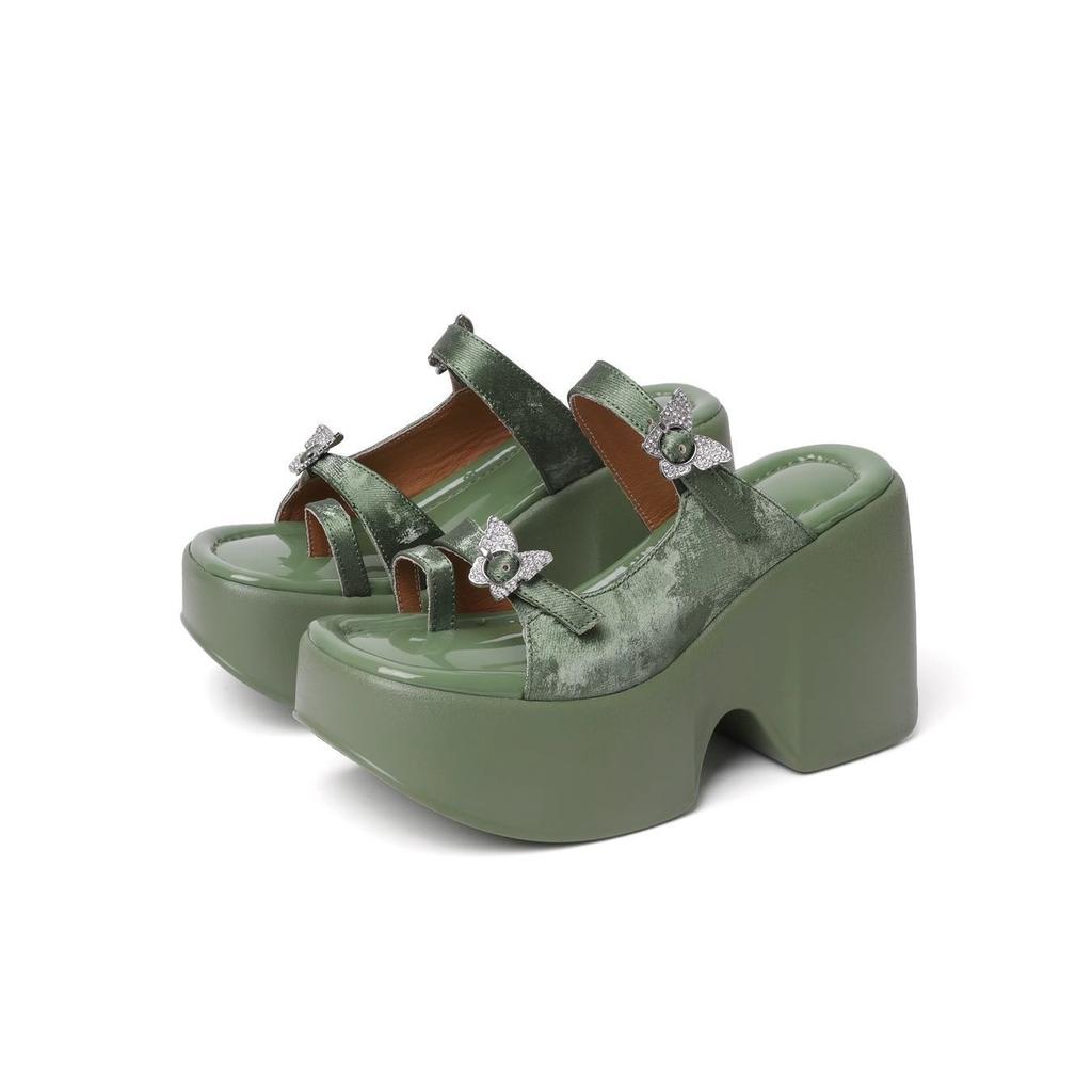 Super high heel muffin wedge heel thick sole one-word slippers women's 2025 summer outer wear high-end bow thick heel sandals