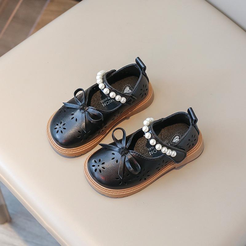 New Girls Princess Leather Shoes Sweet Bowtie Children Causal Mary Jane Shoes Fashion Kids Pearl Cut-outs Flat Shoes Breathable