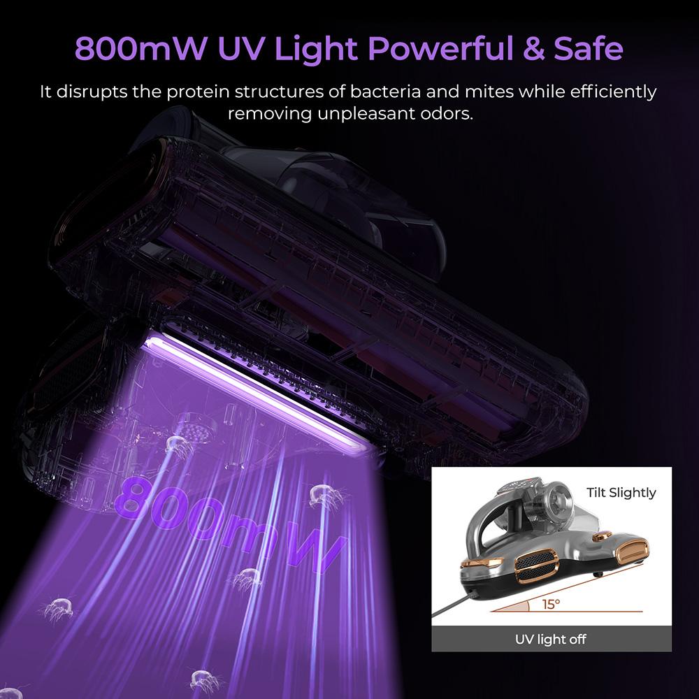 JIGOO T600 Mite Vacuum Cleaner with UV Light & Hot Air [700W/15kPa] - 99.9% Allergen Removal, for Mattresses/Sofas/Carpets