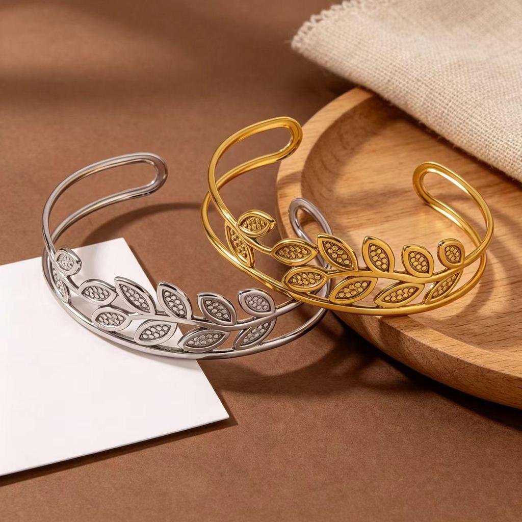 Gold-Plated Titanium Steel Laurel Leaf Adjustable Bangle Bracelet