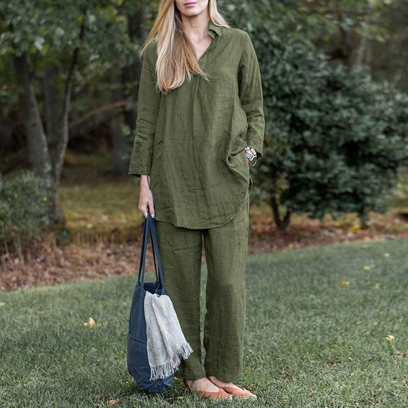 Set Loose lapel long-sleeved shirt wide-leg pants solid color elegant casual retro suit