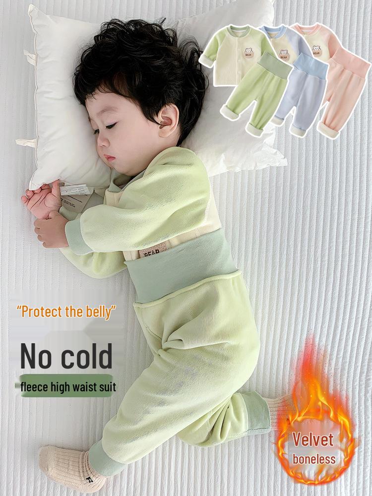 Baby Fleece Cardigan & High-Waist Belly Protection Two-Piece Winter Set