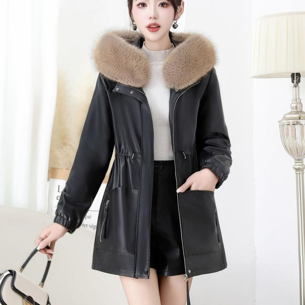 Autumn Winter Women's PU Leather Jacket Mid-length Fleece-lined Hooded Plus Size Leather Jacket with Fur Collar