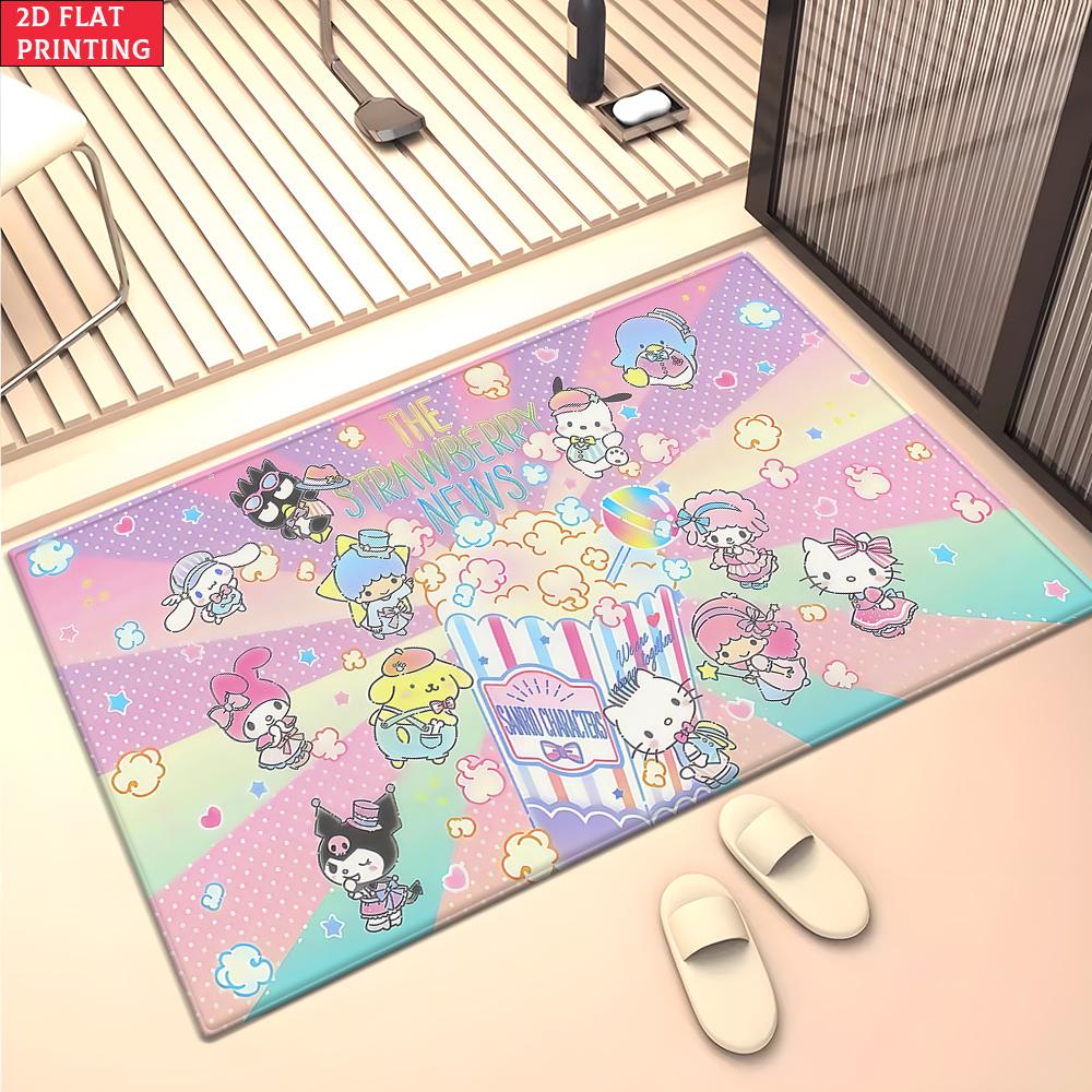 Kawaii Strawberry News Cartoon Doormat,2D Print  Floor Mat, Pastel Popcorn Entrance Rug for Girls Bedroom Living Room Decor Gift