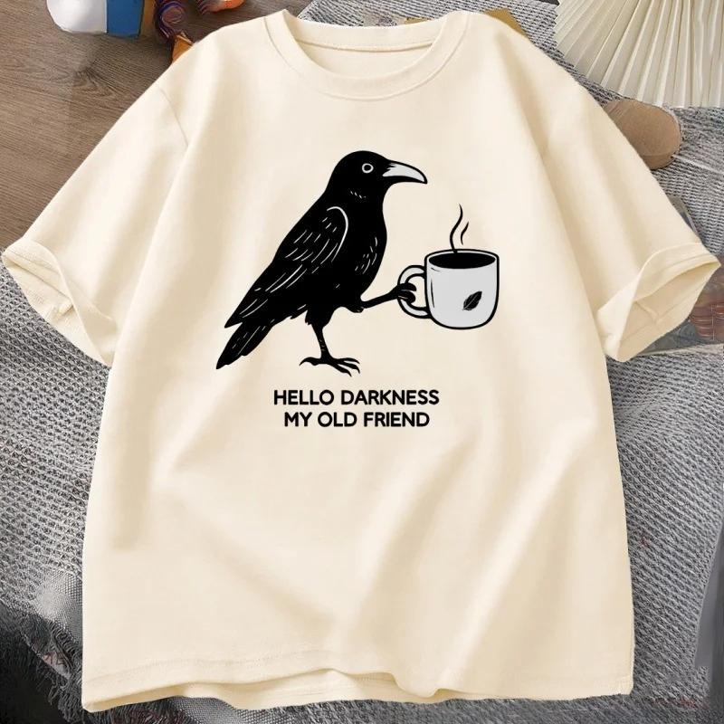Vintage Crow Coffee T Shirt Halloween TShirt Fall Tee Women Unisex Tops Creative Crew Neck Tees Short Sleeve Loose TShirt Tops