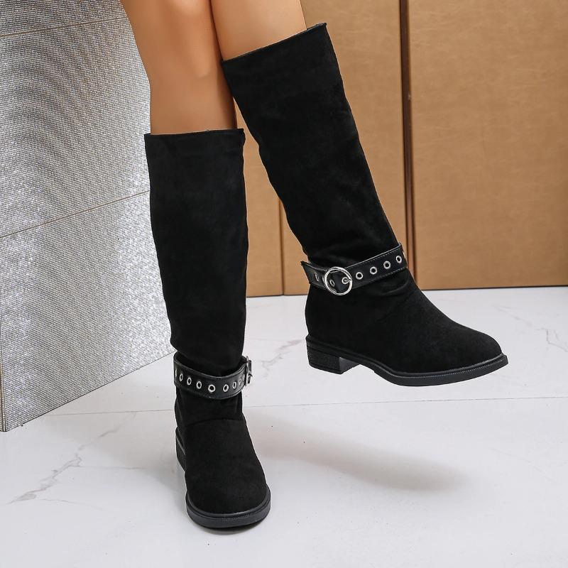 Mode Damen Wildlederstiefel Neu Winter Retro Runde Zehe Damenstiefel Bequemer Mittelhochabsatz Gürtelschnalle Damen Stiefeletten Übergröße 41 42