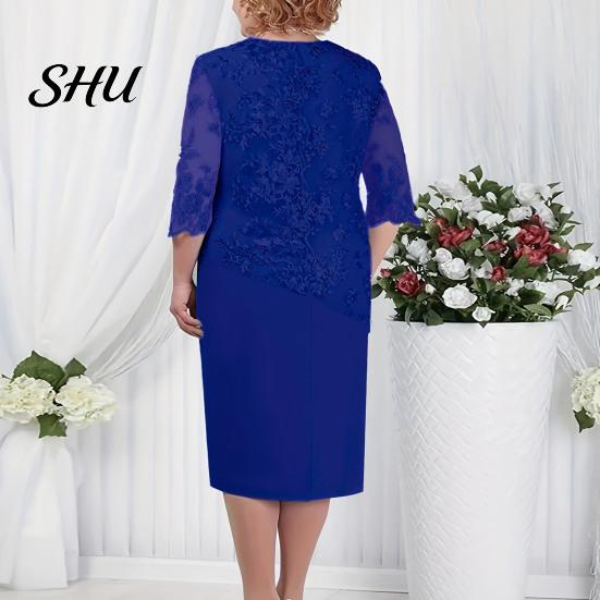 Abito con Maniche a Metà Donna Taglie Forti Ballo Scollo Tondo Manica a Metà Ricamo Pizzo Scollo Rotondo Patchwork Floreale Finto Due Pezzi Festa di Matrimonio Grande