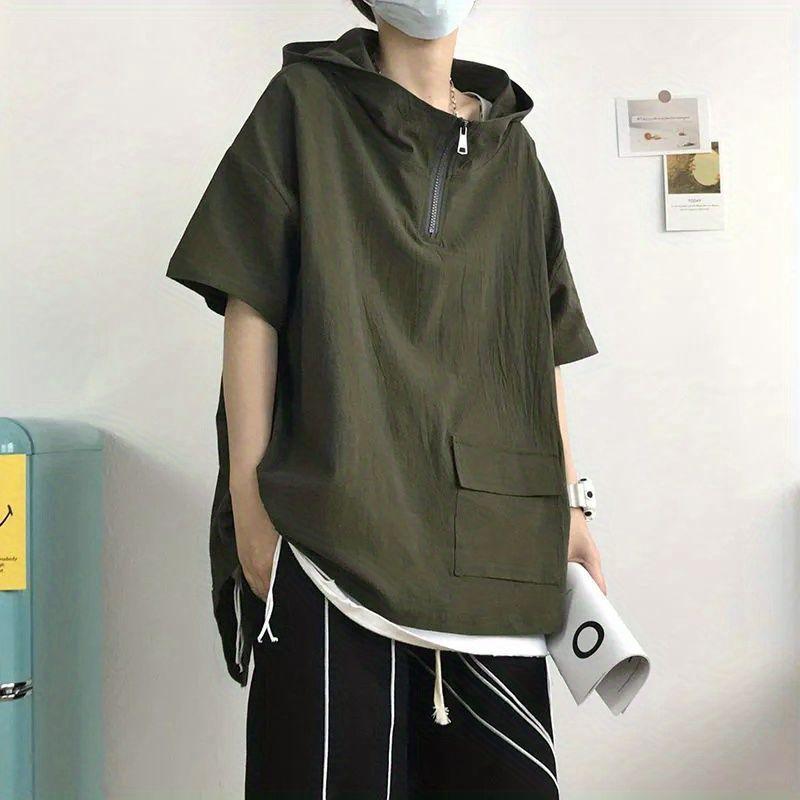 Youth Summer Loose Thin Handsome Half-sleeve T-shirt Unique Half Zipper Breathable T-shirt 3XL