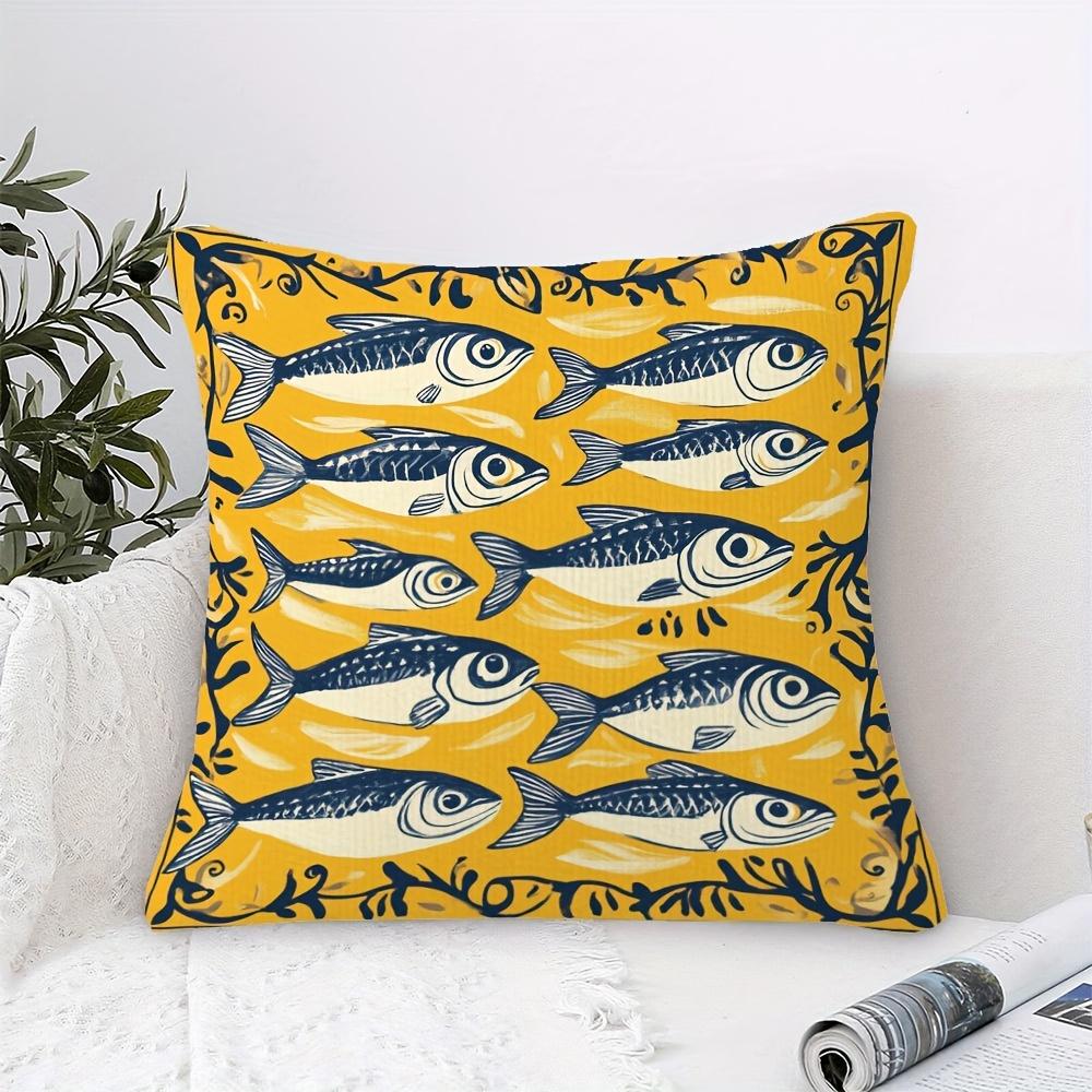 1Pc, Short Plush Decorative Pillow Cover, Portuguese Lisbon Sardines Pattern Azulejos Yellow Pillowcase, Single-Sided Print, 18X
