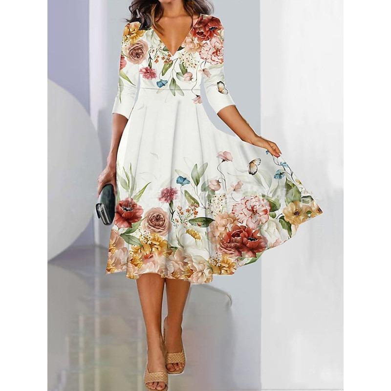 

Весна-осінь трикотажна вільна цифрова сукня з принтом і V-подібним вирізом 2XL