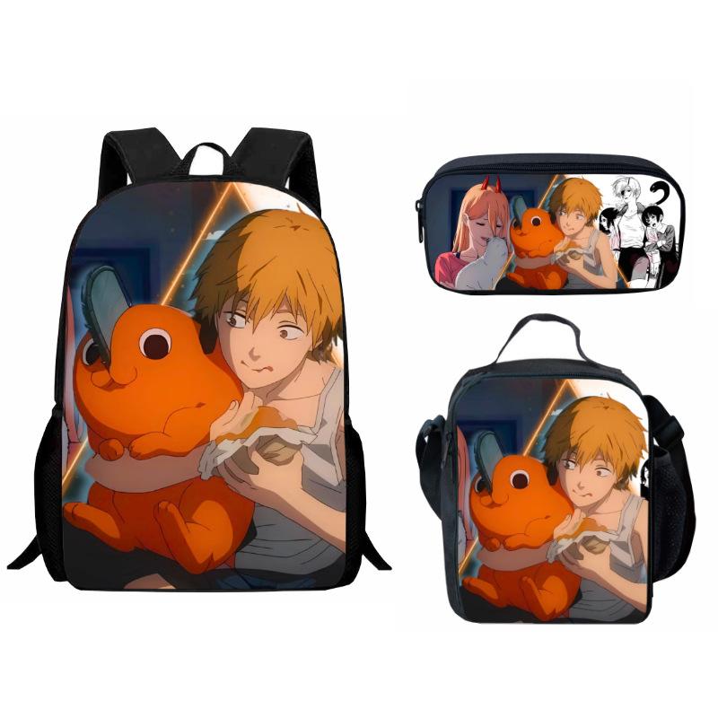 Printed Day Man Two-Dimensional Chainsaw Man Student Schoolbag Three-Piece Cartoon Backpack Lunch Bag