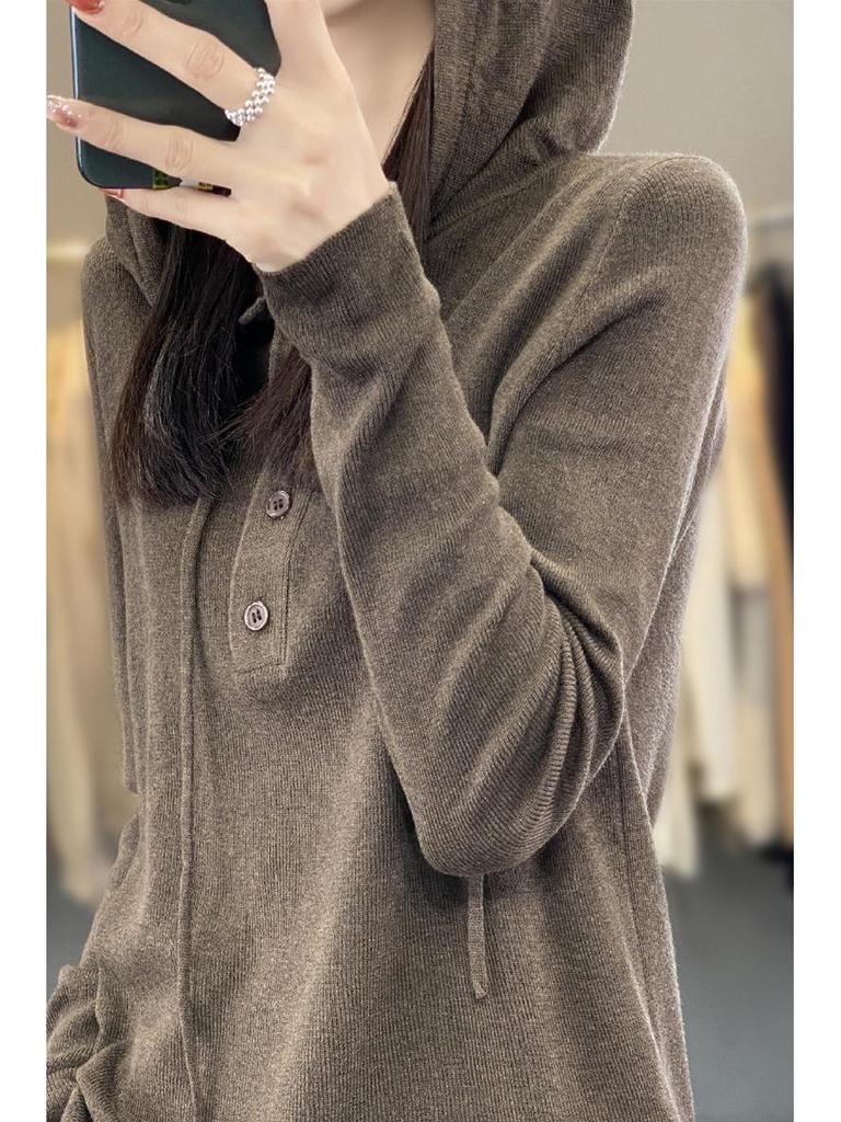 Spring & Autumn Wool Hoodie: Casual, Lazy-Style Knitted Sweater, Slimming Button-Up, Versatile for Women
