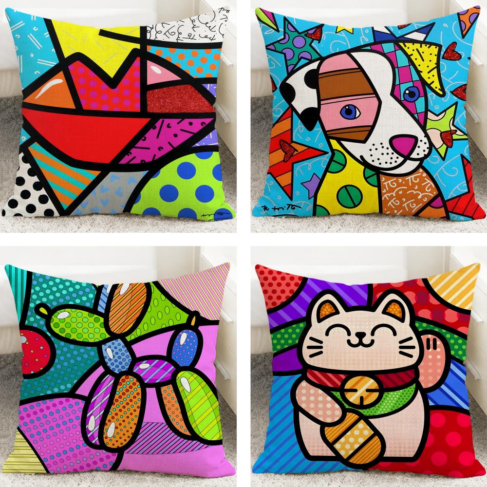 Artist Britto ES Happy Art Cushion Cover Cushion Covers Natural Linen Breathable Sofa Bedroom Decor Pillowcase