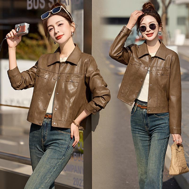2025 Women's Slim Leather Jacket: Short, Fashionable, Turn-Down Collar Coat XG9957