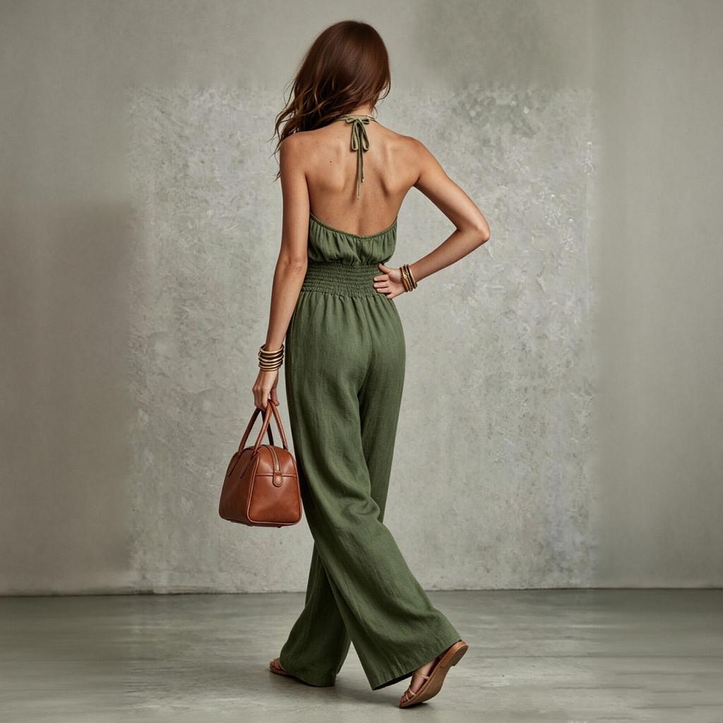 Tuta da donna con scollo sulla schiena, gamba larga, vita legata, senza maniche, rompers alla moda