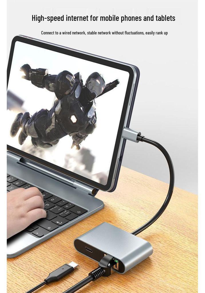 USB-C Ethernet Adapter: 4-in-1 Dock with RJ45, Dual USB Ports, and 60W PD Fast Charge