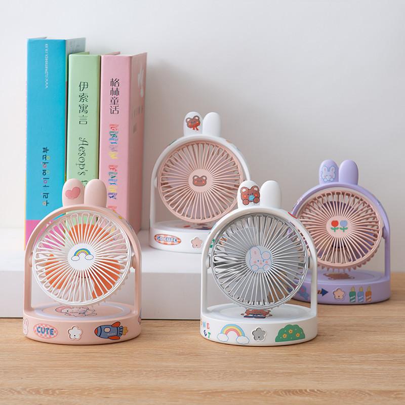 2023 New Summer Cute Pet Bunny Ear Desktop Usb Mini Student Portable Diy Fan With Plastic Blades Pink