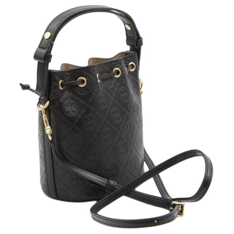 Tory Burch T Monogram Letter Pattern Leather Bucket Bag Mini Women Bags Black 158530-001