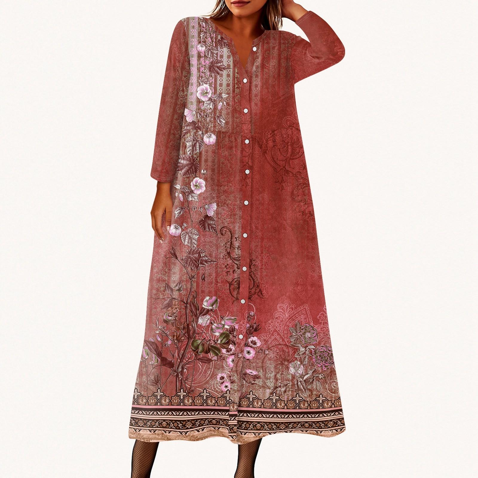 

Women s Fashionable Printed Round Neck Seven Quarter Sleeve Button Loose Shirt Dress M червоний