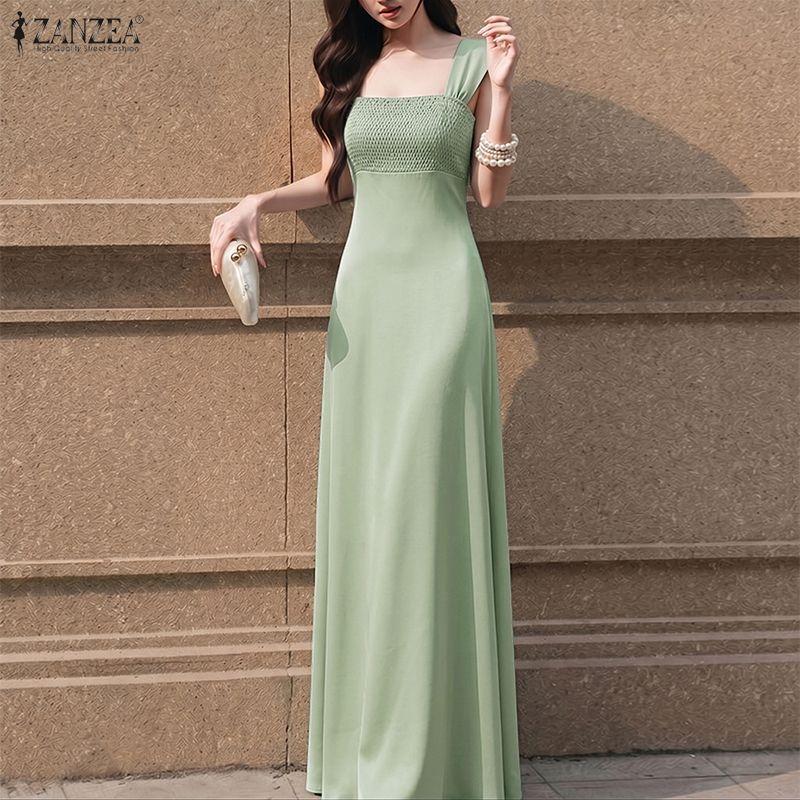 ZANZEA Women Elegant Mesh Splice Square Collar Summer Casual Sleeveless Long Dress