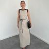 2025 Autumn Women's Colorblock Sleeveless Crew Neck Tie-Up Slit Dress