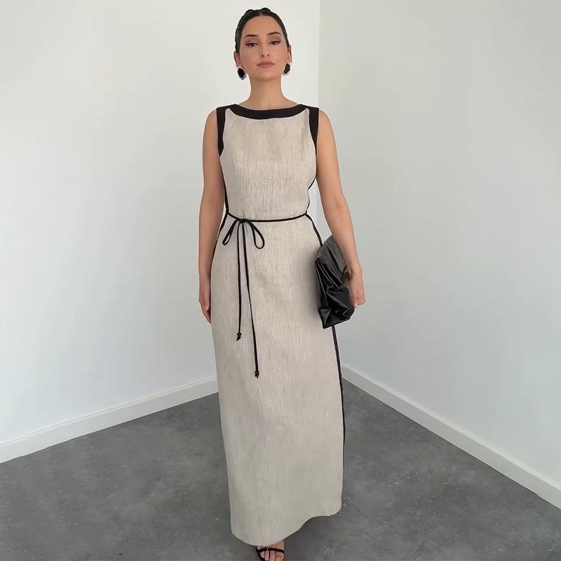 2025 Autumn Women's Colorblock Sleeveless Crew Neck Tie-Up Slit Dress