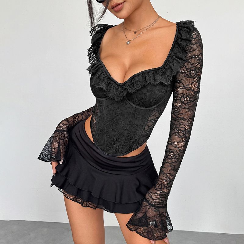 Sexy Lace Long-Sleeved Halter Top Fashion Sexy Lace Lace Long Sleeve Spaghetti-Strap Female