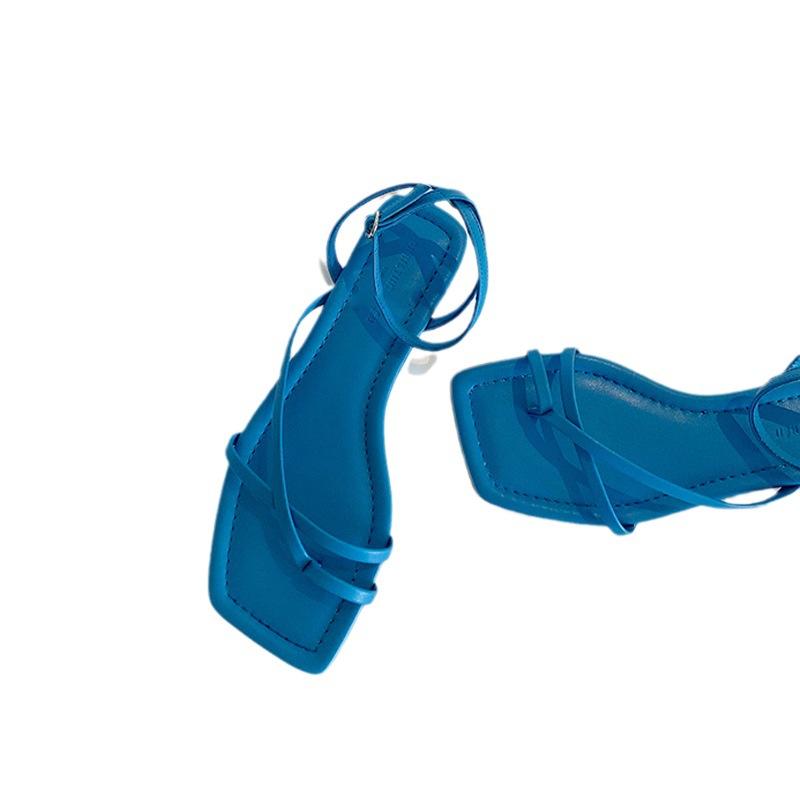 2025 summer new vacation style square head cross strap sandals cover toe blue flat sandals women