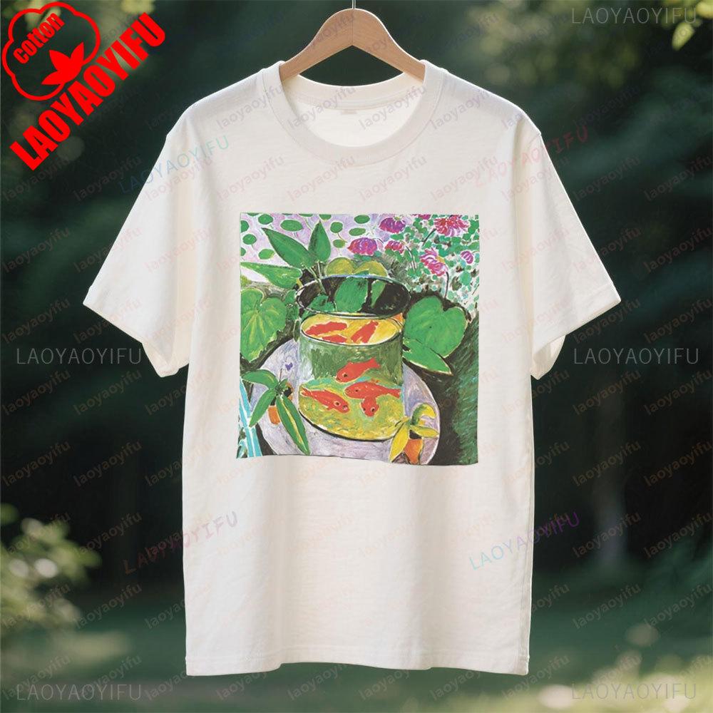 Goldfish Art Aesthetics Unisex TShirt Fine Art TShirt Oil Painting Style Village Life Shirt Men Women Cotton Short Sleeve
