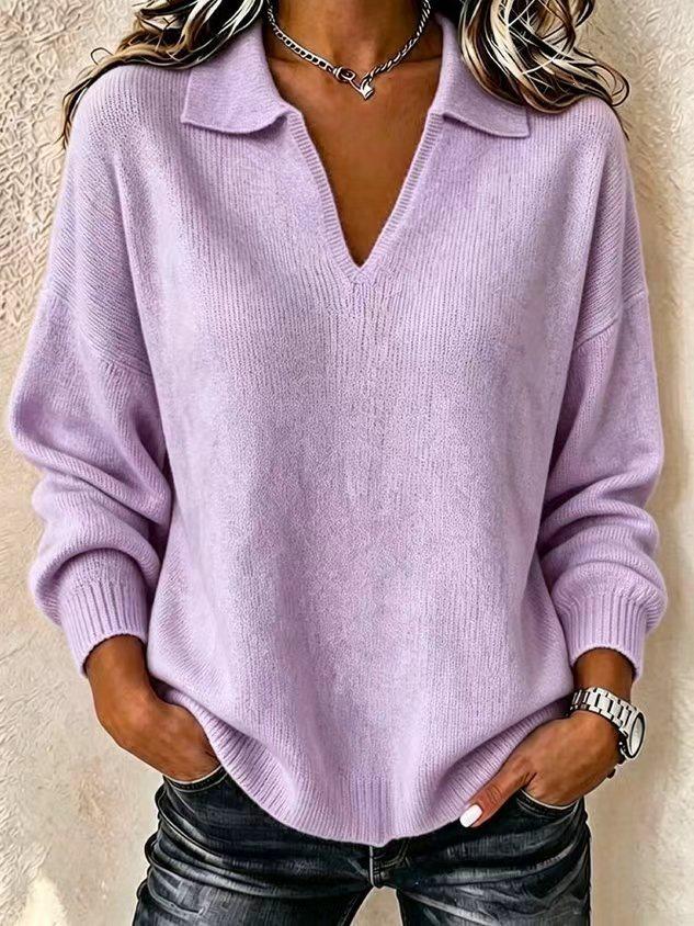 2026 European & American Cross-Border Fashion: Solid Color V-neck Long Sleeve Sweater for Women - Autumn/Winter Versatile Casual Wear