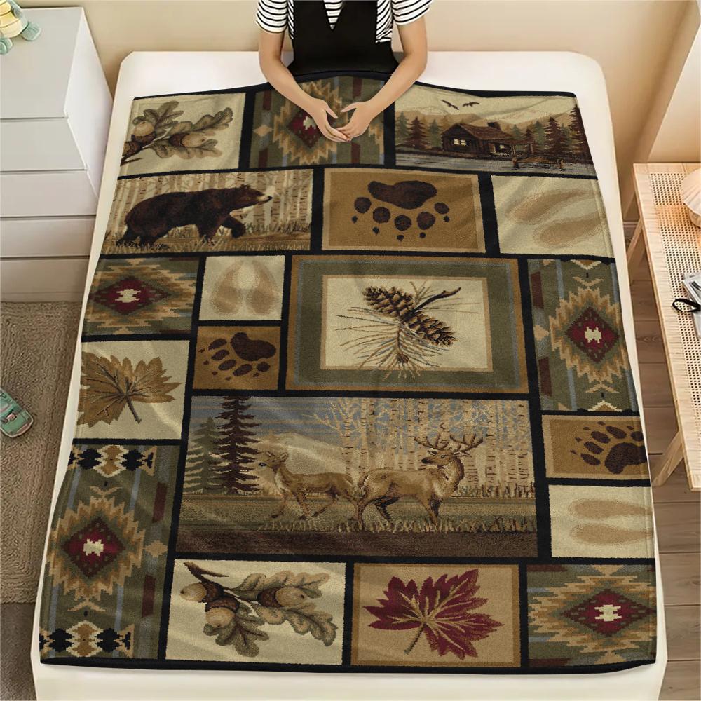 1Pc Cabin Wildlife Print Flannel Blanket, High Quality Comfortable for All Seasons, Home Decor, Warmth and Comfort, Perfect for Gifts