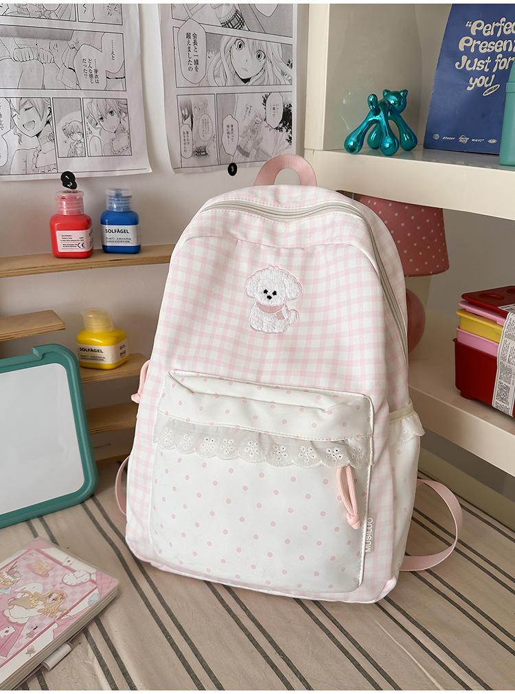 Schoolbag summer fresh blue and white grid small polka dot backpack soft cute puppy embroidery sweet age-reducing student party travel small backpack