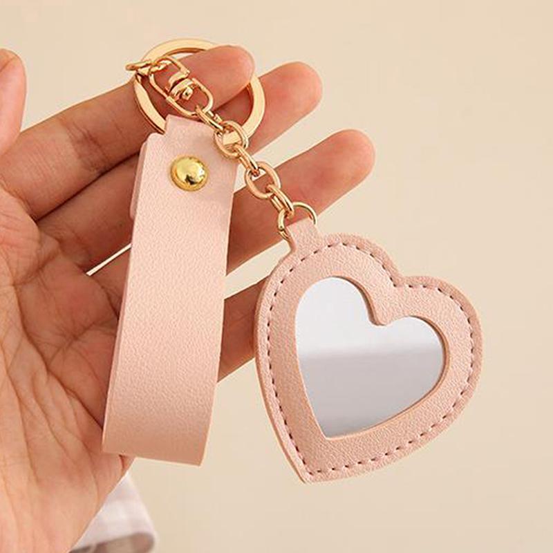 Creatieve PU Leer Bloem Hart Ronde Vorm Sleutelhanger Mini Make-up Spiegel Tas Hangend Ornament Auto Bedeltje Voor Vrouwen Meisjes Cadeau