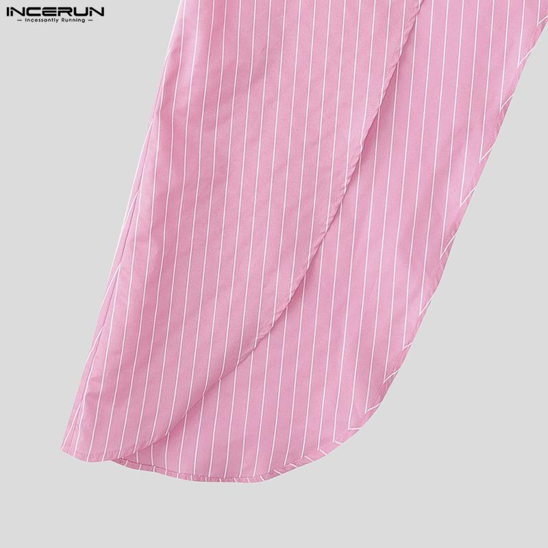 INCERUN Men Stand Neck Long Sleeve Striped Splits Irregular Hem Long Tunic Shirts Tops