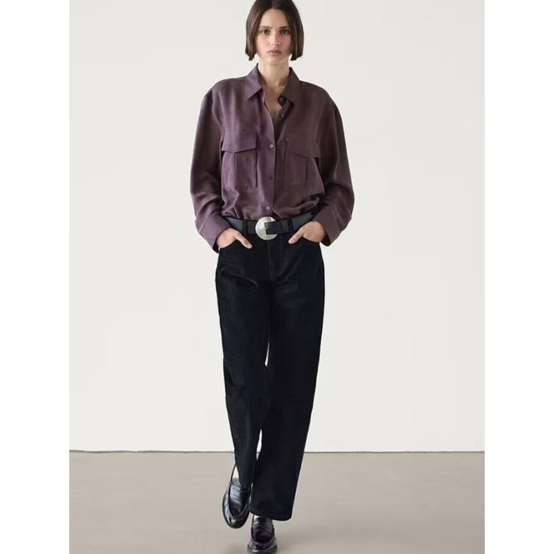 MD Women's French Style Young Commute Style Fancy Purple Silk Satin Texture Long Sleeves Shirt 05196670611