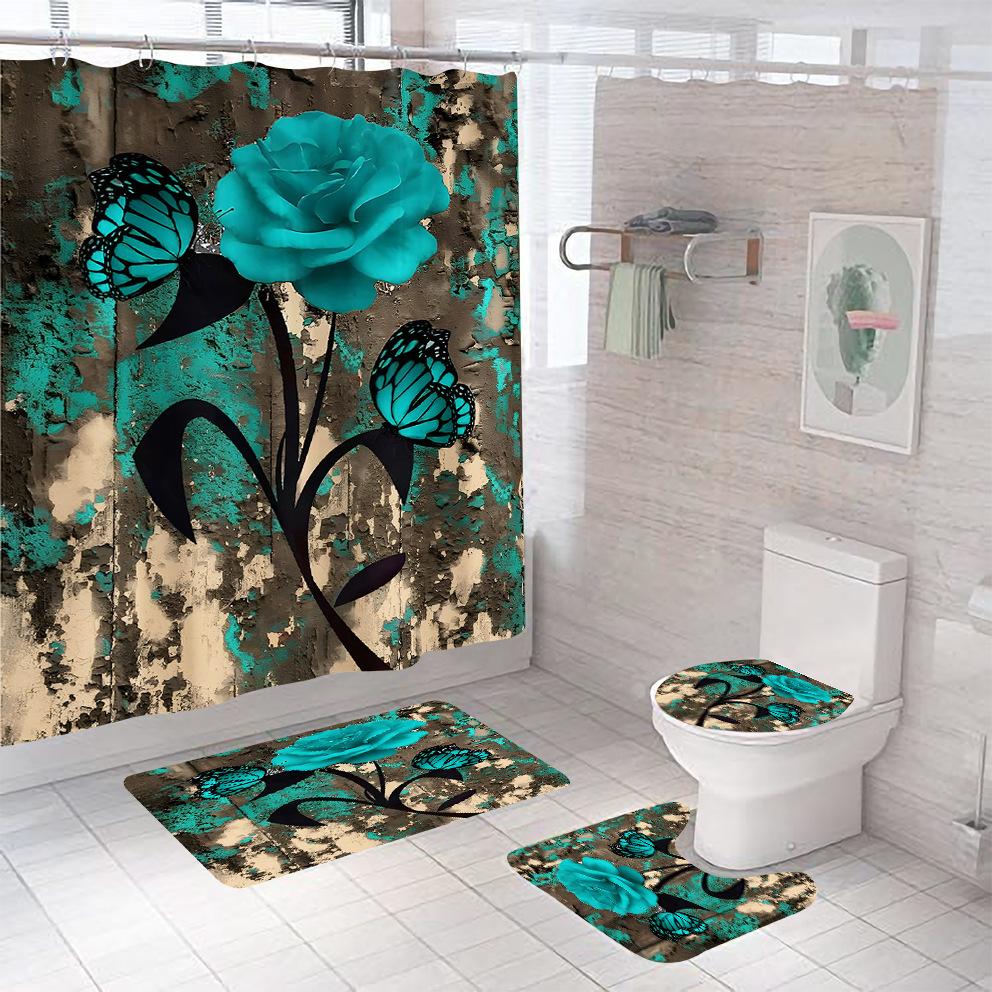 3D Cyfrowy Nadruk Róża Zasłona Prysznicowa Łazienkowa, Zestaw Trzyczęściowy Czteroczęściowy