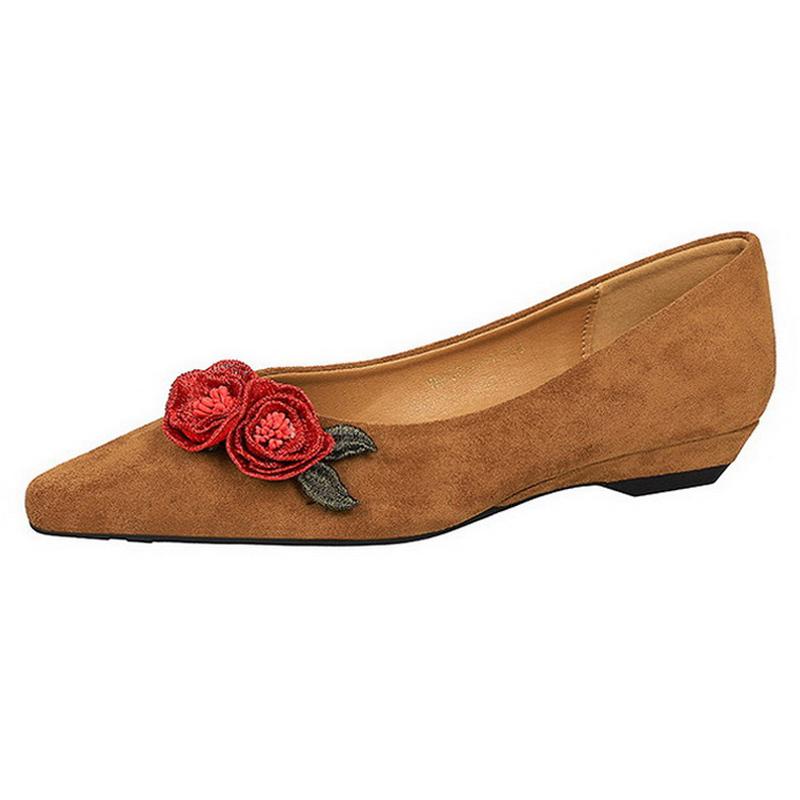 Women Flower Flocks Casual Shoes Pointed Toe Shallow Mouth Single Shoes Outdoor Office Flats Driving Walking Shoes Size 35-43