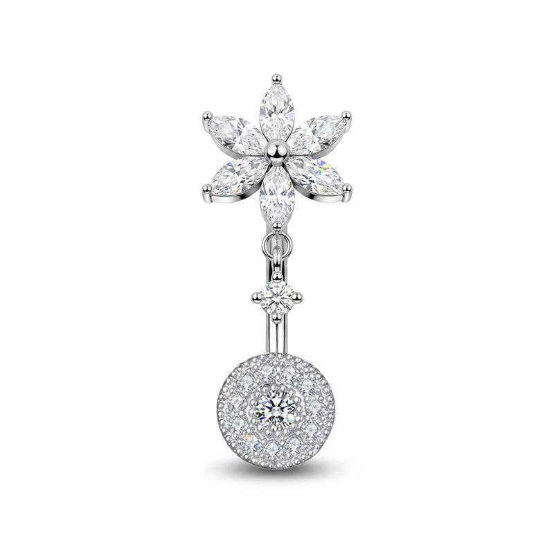 Hypoallergenic Stainless Steel Belly Button Ring Shiny Flower Heart Dangle Fadeless Navel Jewelry for Summer Daily Outfit Matching