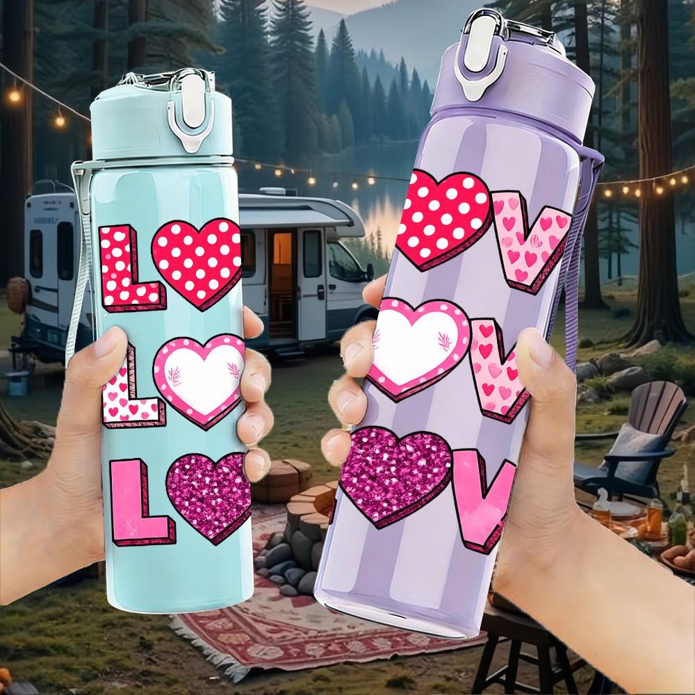 1PC Love Love Heart Text 750ml Color Plastic Sports Water Bottle Leakproof Flip Straw Lid Suitable for Sports Office Home Use
