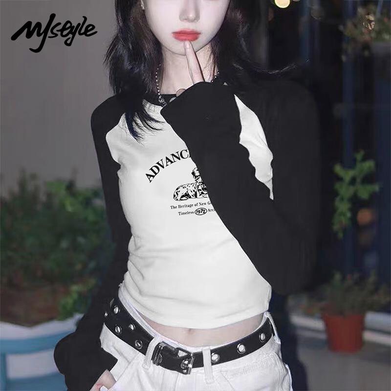 MJ STYLE Women s Retro Dog Print Colorblock Long-Sleeve T-Shirt XL
