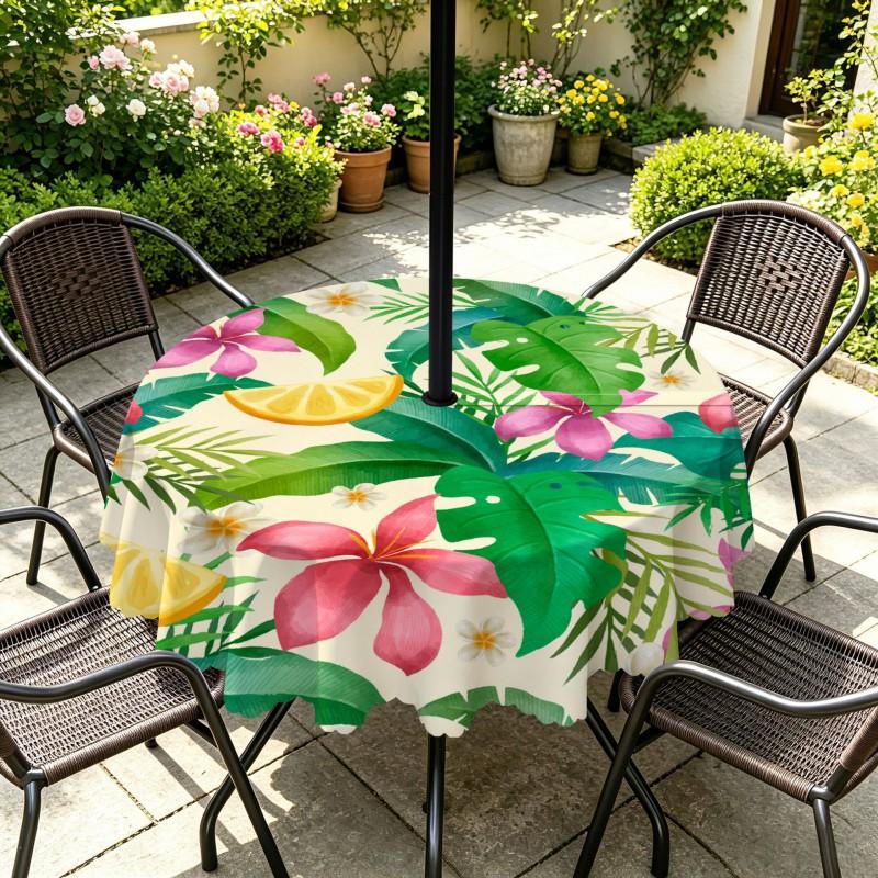 Outdoor Round Tablecloth With Umbrella Hole Waterproof Oil Resistant Floral Leaf Patio Garden Deck