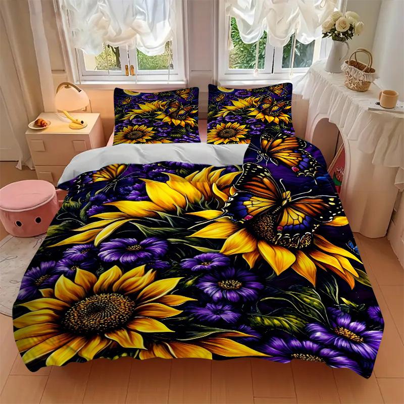 Butterflies Sunflowers Print 3Pcs Bedding Setduvet Cover With 2 Bedropillowcase Home Birthday Gift