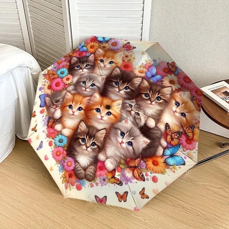 1pc Floral Kittens Butterfly Heart Umbrella with Plastic Handle,Suitable for All Seasons Home Travel Outdoor UmbrellaDD526