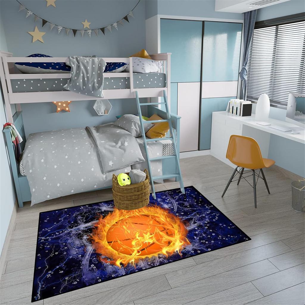 Flammen-Print Basketballteppich für Jungenzimmer und Spielzimmer, Rutschfester Sportteppich, Wohnzimmerdekoration