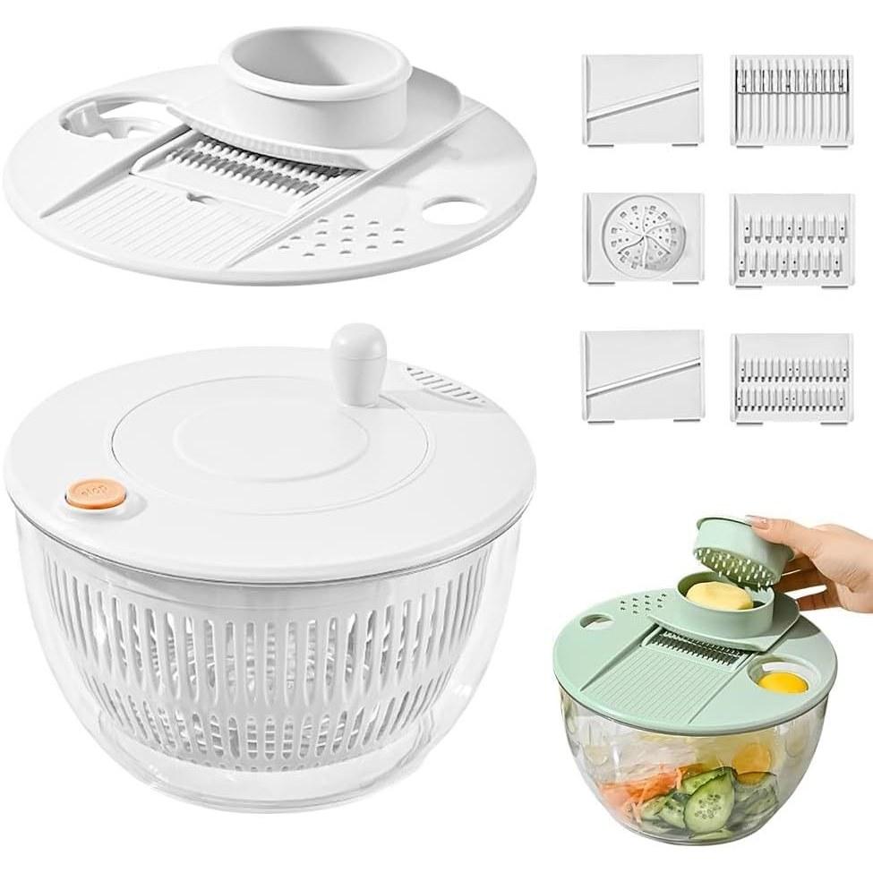 Ultimate Time-Saving Cooking Tool 9-in-1 Multi-Function Slicer Salad Spinner Set Vegetable Cutter 4.2L Large Capacity Rotating Drainer 6 Blades Egg