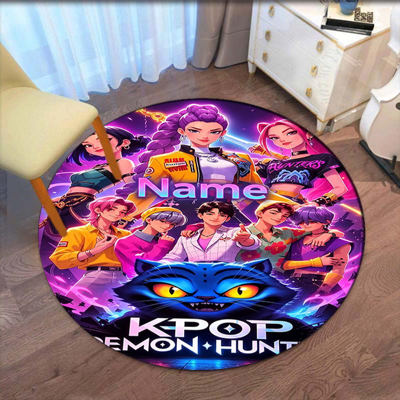 Benutzerdefinierter Name KPop Dämonenjäger Gedruckter Runder Teppich Teppich Stuhlteppich Bereichsteppich Eingang Fußmatten, für Bürostuhl Wohnzimmer Schlafzimmer Küchenraum.