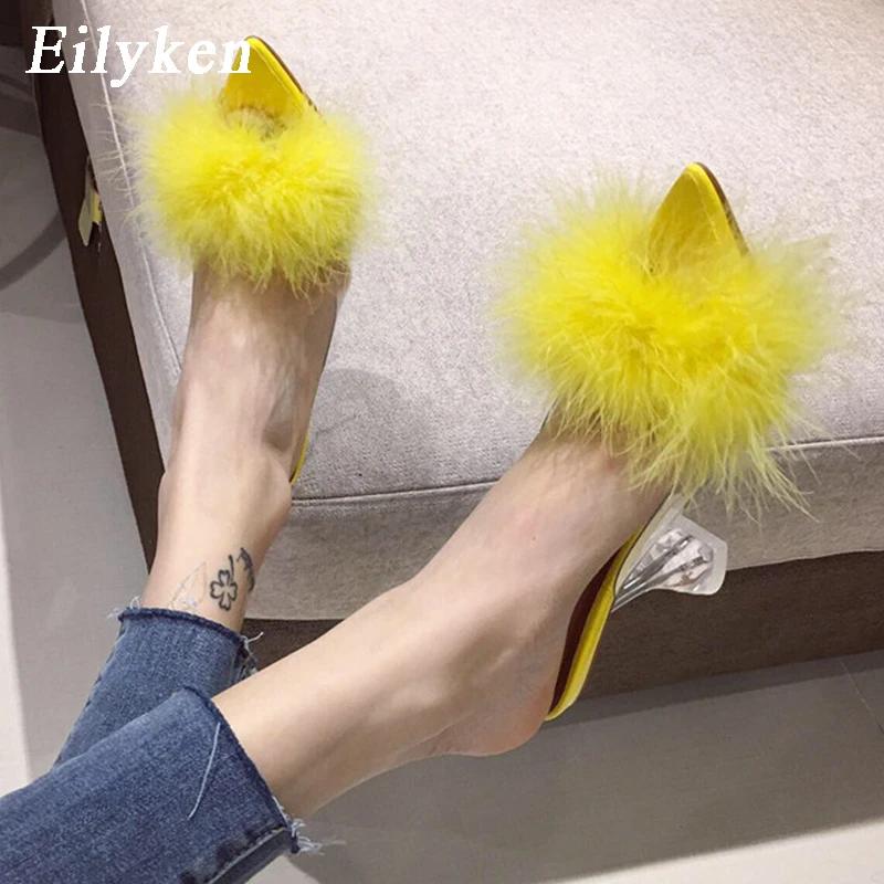 Eilyken 2025 New PVC Transparent Feather High Heels Fur Slippers Woman Peep Toe Mules Lady Pumps Slides White Shoes
